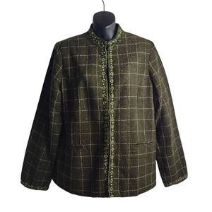 Susan Graver Green Tweed Windowpane Blazer Women's Size M Embroidered Lined